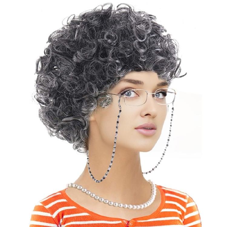 100 Days of School Old Lady Wig Costume Grandma Wig Glasses Necklace Old Lady Cosplay Set for Halloween Dress Up Party