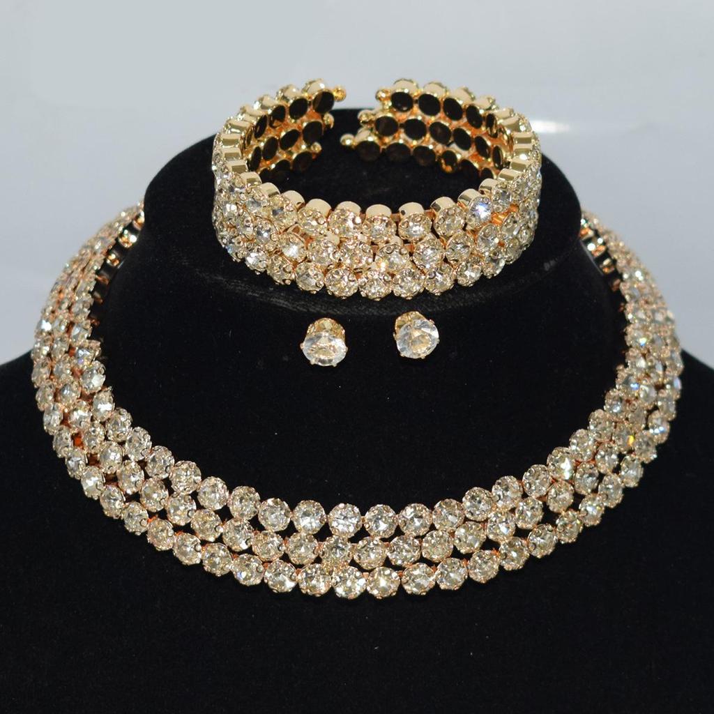 Gold & Silver Rhinestone Jewelry Set: Choker, Bracelet, Stud Earrings, & Necklace