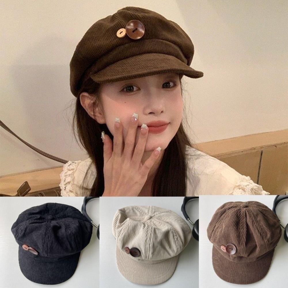 Japanese Double Button Berets Hat Y2k Octagonal Hat Retro Corduroy Baseball Cap  Girls