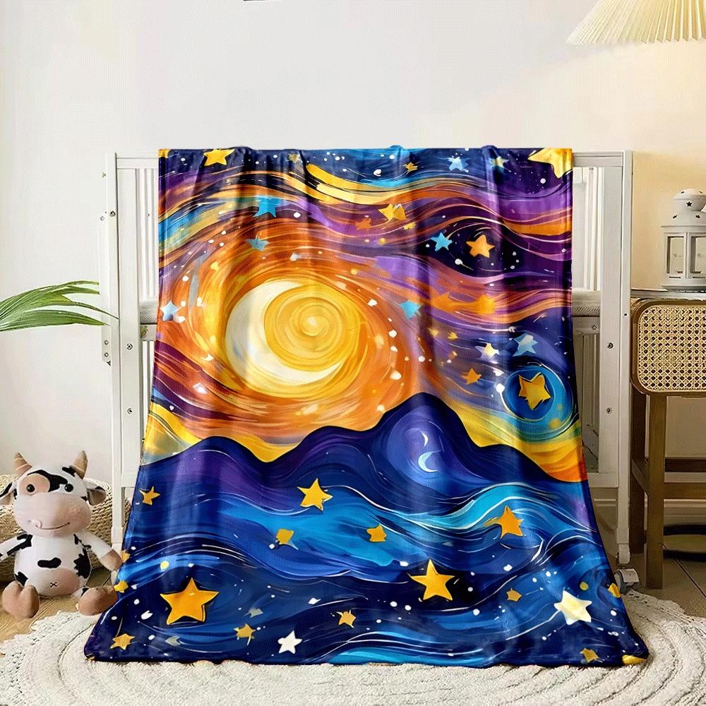 Swirling night sky with stars, a crescent moon, and abstract mountains. for all seasons blanket lunch break throw gift 80cm x 120cm