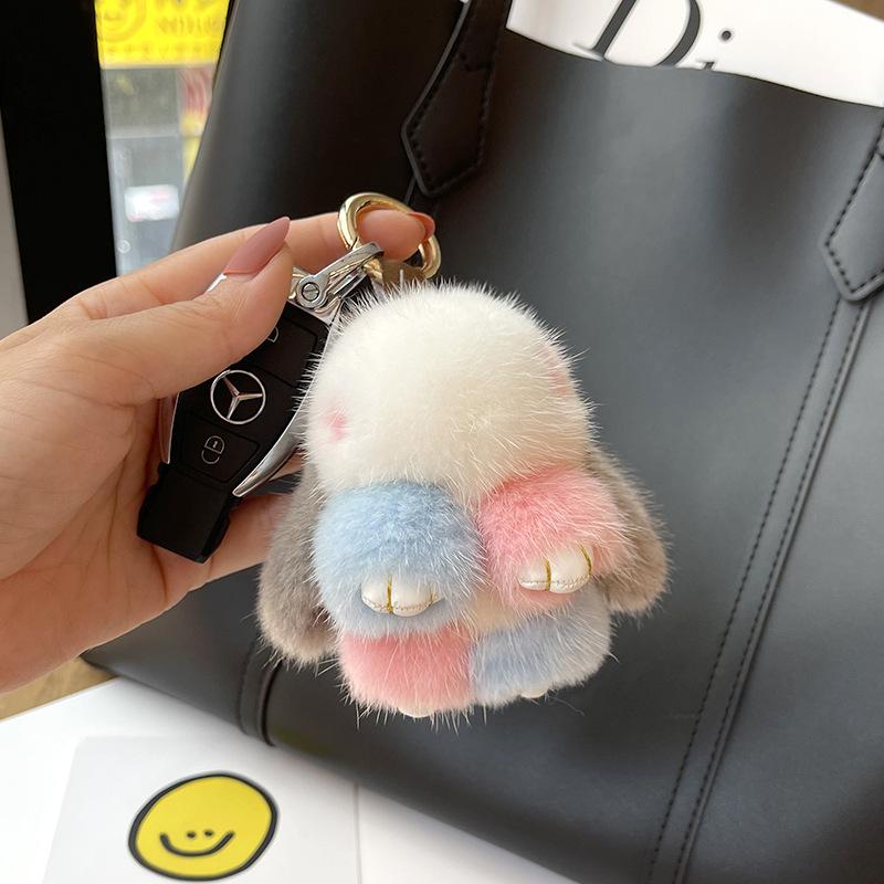Cute Long Ear Bunny Keychain Real Mink Fur Rabbit Doll Pendant Toys Keyring Women Bag Charm Ornament Pompom Plush Jewelry Gifts