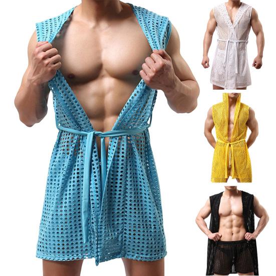 Männer Sexy Nachthemd mit Kapuze Ärmellos Einfarbig Aushöhlen Mesh Loungewear Schnürung Nacht Robe