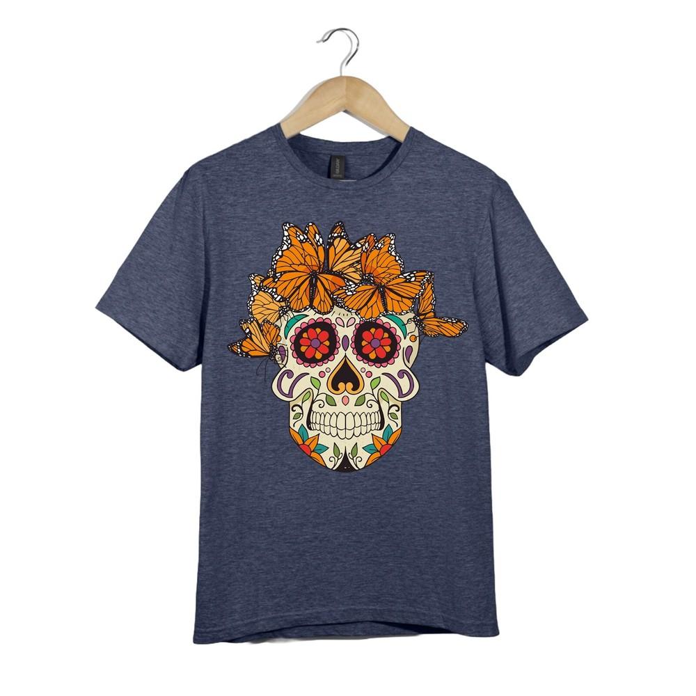 

Day of the Dead Skull with Monarch Butterflies–Colorful Sugar Skull Unisex Shirt L