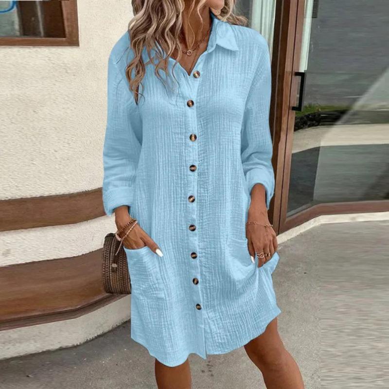 Women S Solid Cotton Linen Long Sleeve Mid Length Shirt Dress Casual
