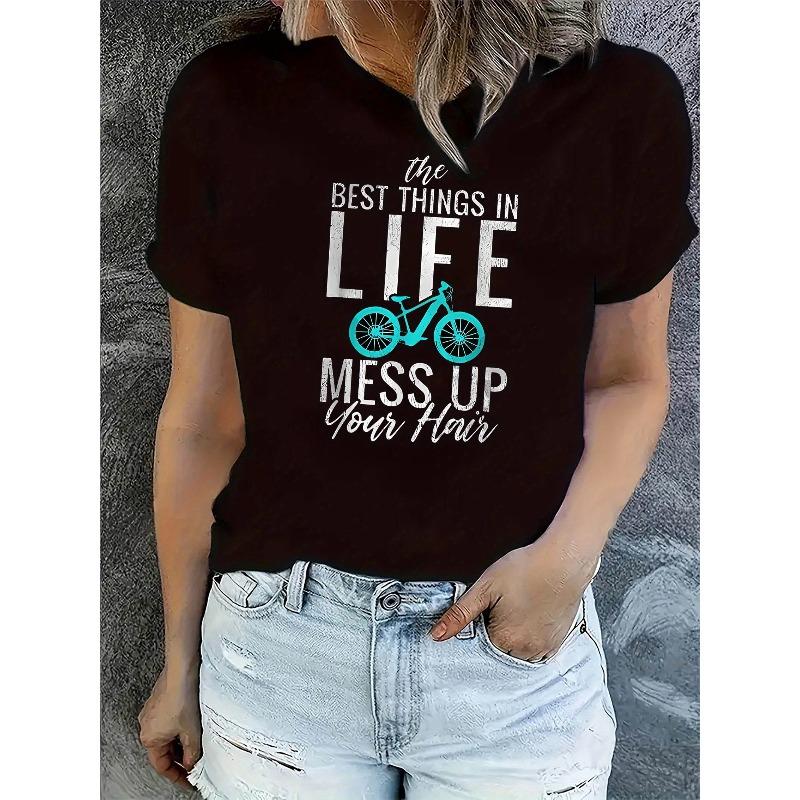 

European sizes Women s -Themed Short Sleeve T-Shirt - BICYCLE Print & Lettering Casual Round Neck Top, Breathable All-Season 4XL