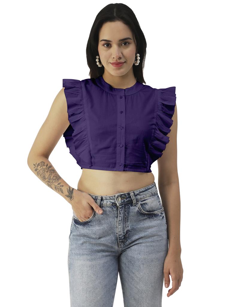 Moomaya Crop top din bumbac solid cu nasturi, topuri cu mâneci cu voloane de vară