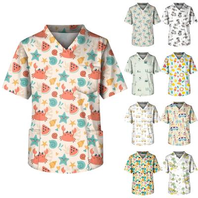 Plus Size Halloween Printed Scrub Working Uniform Tops For Men's Cross V-Neck Short Sleeve Fun T-Shirts Workwear Tee With Pockets