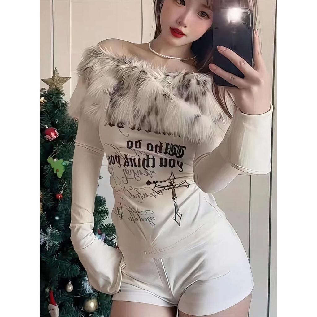 VAYLA T-shirt à manches longues graphique en fourrure de luxe Y2k Femme Automne Hiver Tops épaules dénudées Années 2000 Vintage Blouse basique T-shirts Chemise blanche