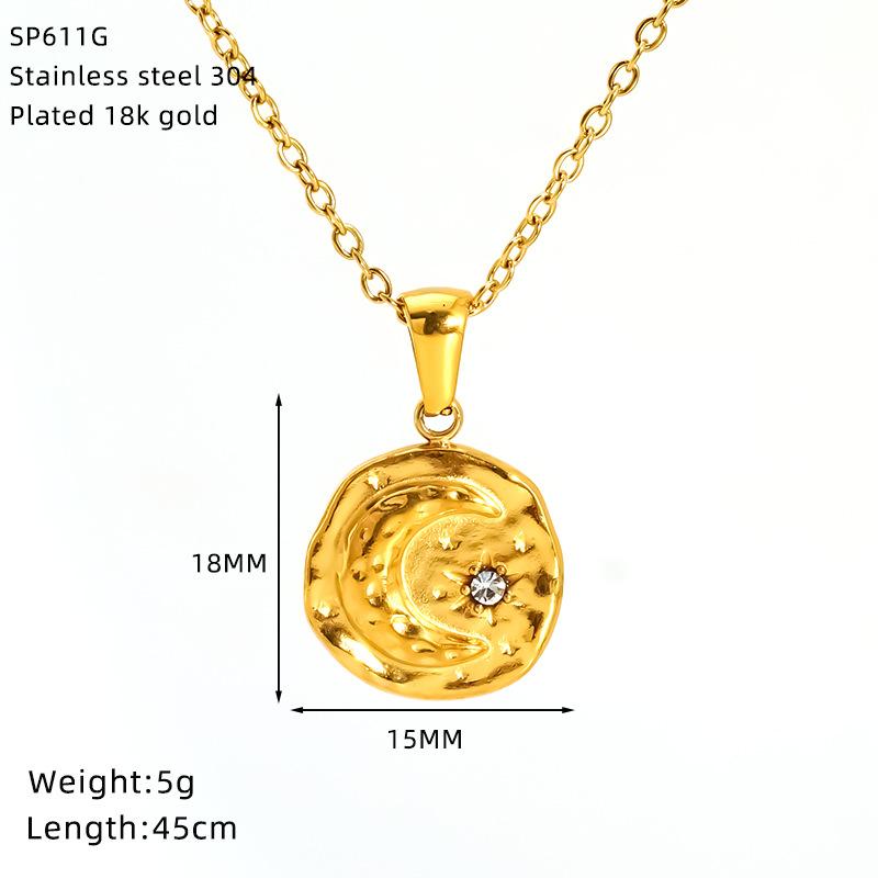 Vintage Sun Moonlight Octagon Gold Plated Stainless Steel Necklace Women'S Premium Jewelry