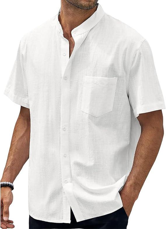 

Summer Men s Shirt Solid Color Commuter Short Sleeve Top Left Sticker Pocket Daily Casual Henry Neck Cardigan Combination Shirt S
