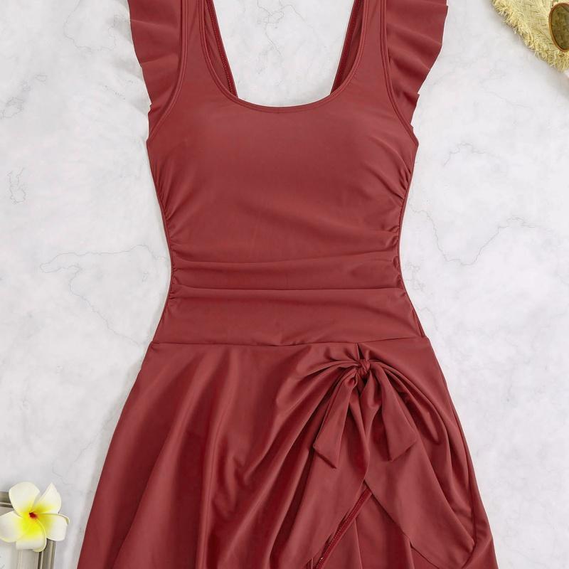 2025 Ruffle Sleeve One Piece U Neck Swimsuit Women Solid Beach Dress Swimwear Female Bathers Swimming Bathing Bodysuit Summer