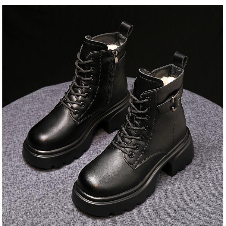 Women's Winter Leather Snow Boots, Thick Sole, Fleece-Lined, Warm Cotton Martin Ankle Boots