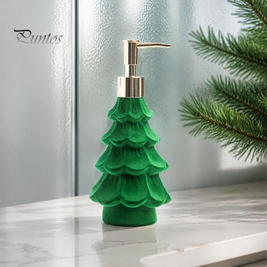 Cute Holiday Bathroom Accessories Christmas Tree Soap Dispenser, Flocking Effect Refillable Lotion Flocked Decor for Sink Pump Bottle, Reusable