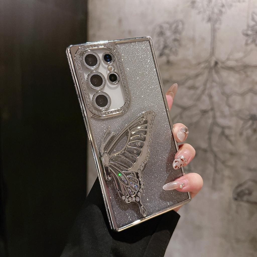 Suitable for Samsung S25ULTRA Electroplated Rhinestone Frame Glitter Butterfly Stand Mobile Phone Case A55 Full Inclusive Lens Film