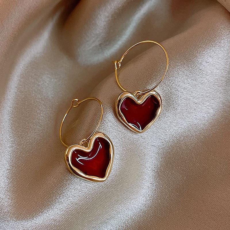 

Sweet Burgundy Enamel Heart Earrings For Women Love Heart Hanging Dangle