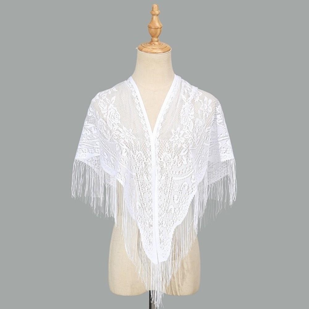Polyester Lace Hollow Scarf Embroidery Mesh Scarves Elegant Tassel Triangle Shawl  Wedding