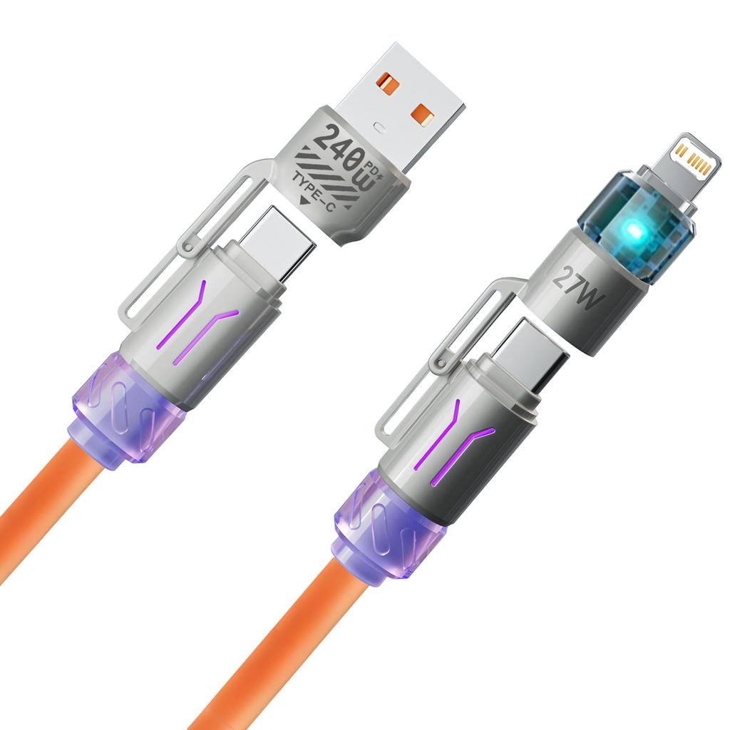 4 in 1 240W Spring Short Data Cable USB Type C Spring Telescopic Quick Charger Wire Spring USB Cable for iPhone 15 14 13 12