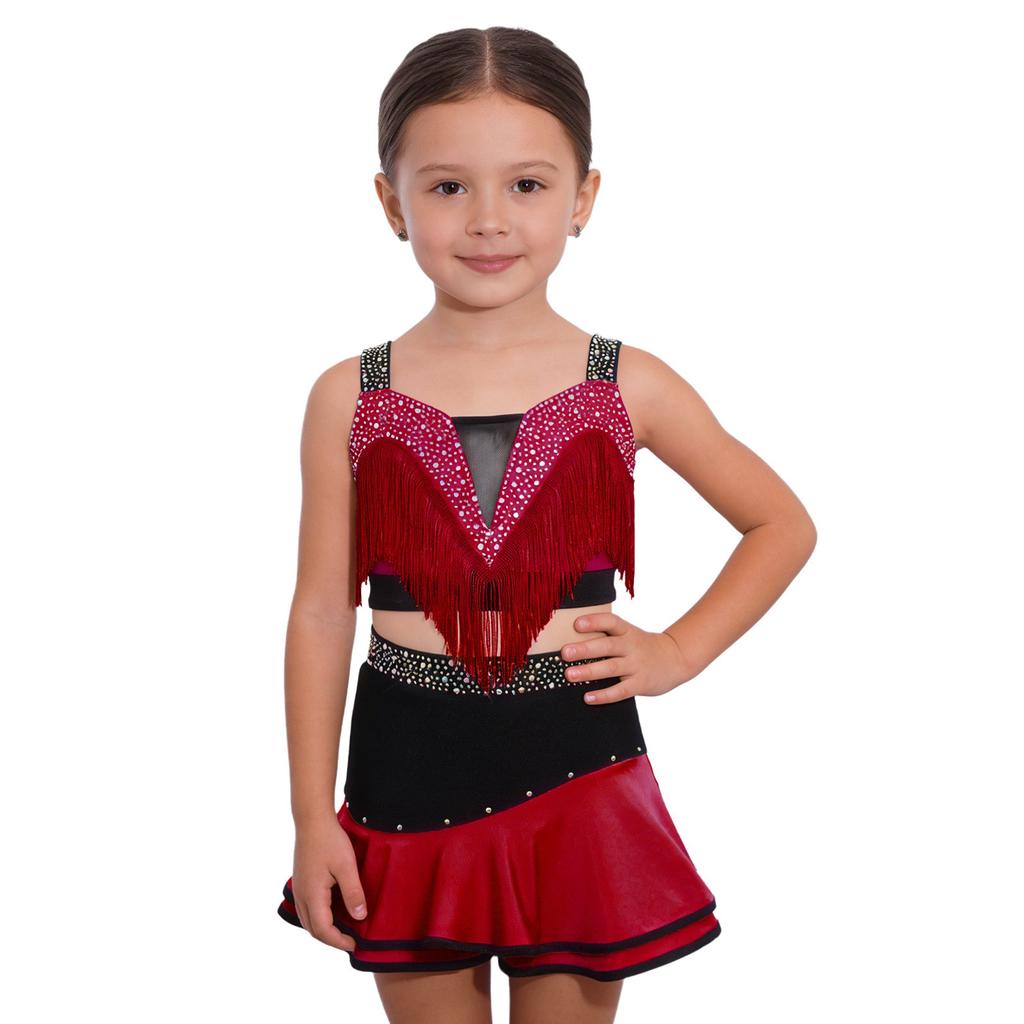 Kinder Mädchen Farbblock Latin Dance Crop Top Breite Schulterträger Quasten Strasssteine mit elastischem Bund Rock für Tango Rumba Gesellschaftstanz Performance