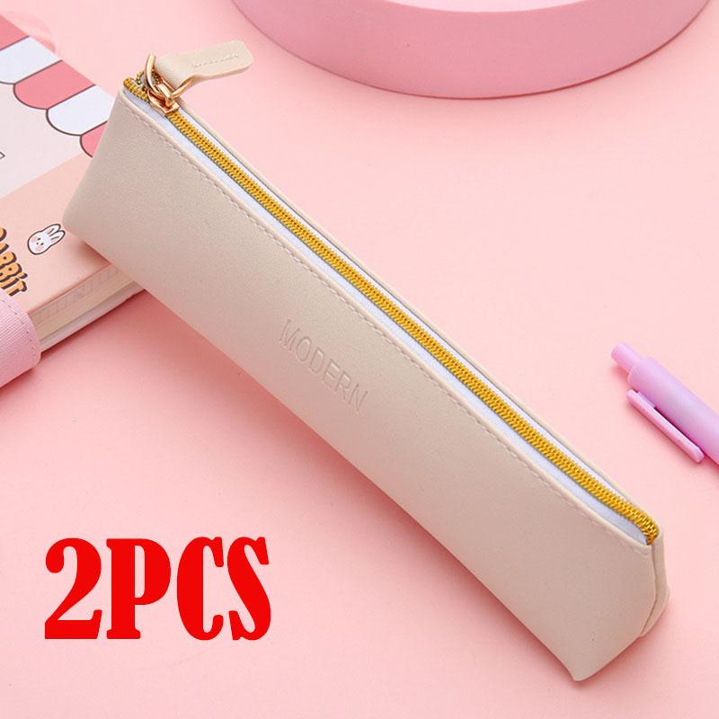 New PU Leather Zipper Pen Pencil Bag Simple Vintage Color Case Storage Pouch for Pens Stationery School  Mini Pencils Bag