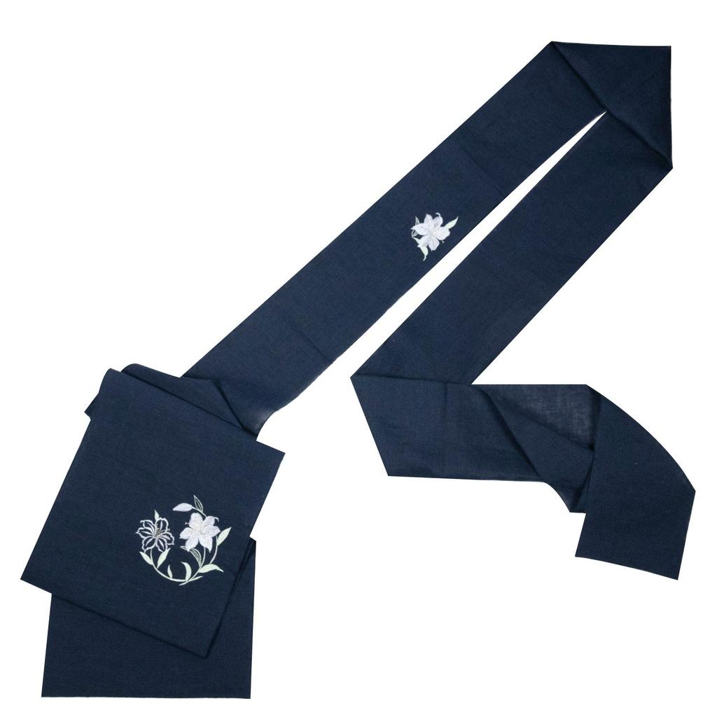 Hemp Nagoya Made In for Women X [KYOETSU] Obi, 8-inch Obi, Embroidered, Japan, (lily Navy)