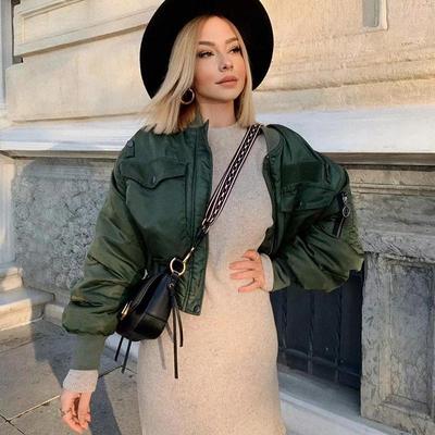 Stilvolle Dame Herbst Winter Za Grün Kurze Jacken Frauen Mode Langarm Reißverschluss Bomber Jacke Outwear frauen Mantel
