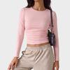 Women Side Ruched Long Sleeve Slim Fit Thin Sunscreen Casual Base T Shirt