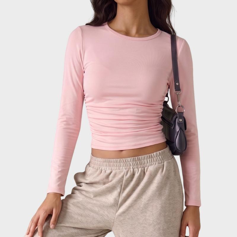 Women Side Ruched Long Sleeve Slim Fit Thin Sunscreen Casual Base T Shirt