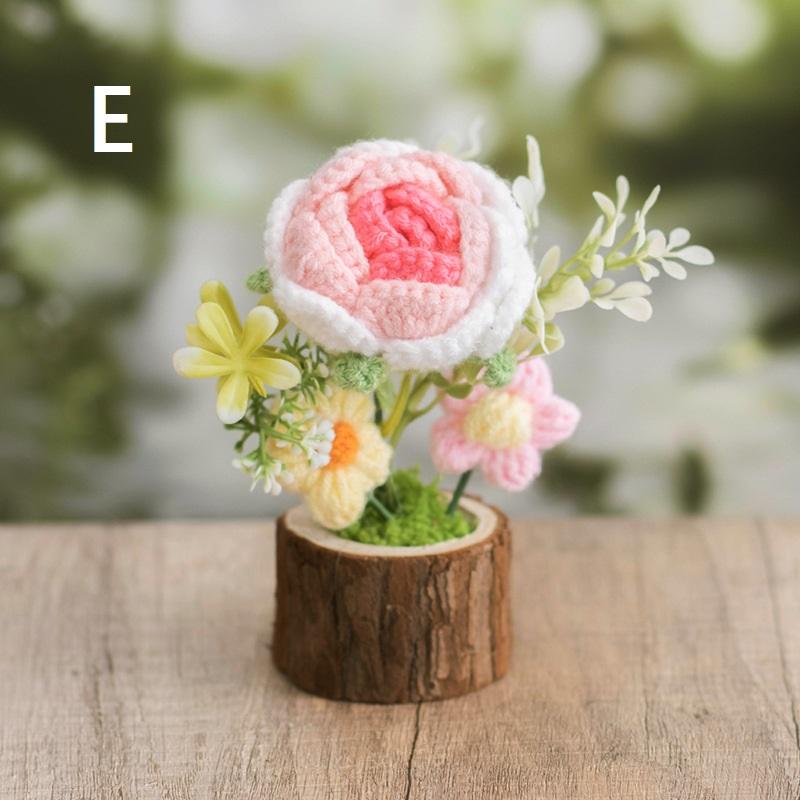 Handmade Crochet Flowers Potted Ornament Car Center Console Decor Cartoon Knitting Flowers Potted Diy Decoration Accessories