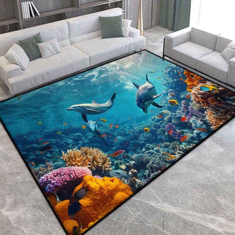 Modern 3D Seabed Large Living Room Rug Non-slip Room Decoration Rug Lint-free Easy Cleaning Entrance Door Mat Machine Washable