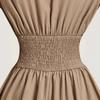 Women's Point Collar Button Down Mini Dress Puff Long Sleeve Waist Cinched Solid Khaki Elegant Shirt Dress