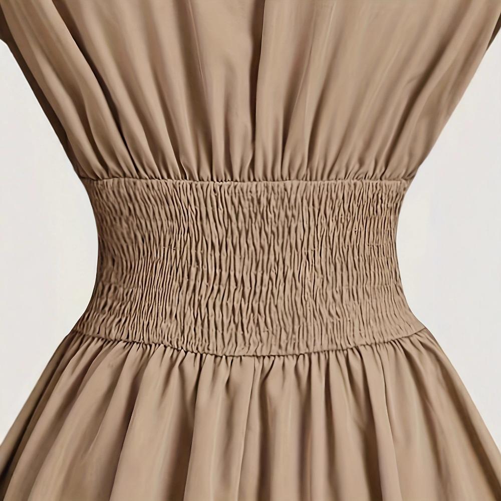 Women's Point Collar Button Down Mini Dress Puff Long Sleeve Waist Cinched Solid Khaki Elegant Shirt Dress