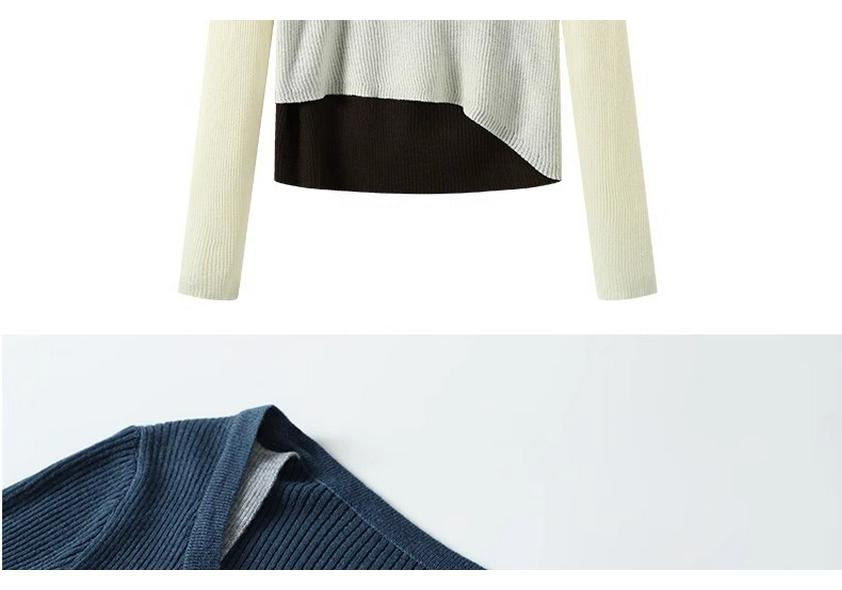 2026 Spring Women's Asymmetrical Patchwork Ribbed Knit Sweater - Slimming Two-Piece Look