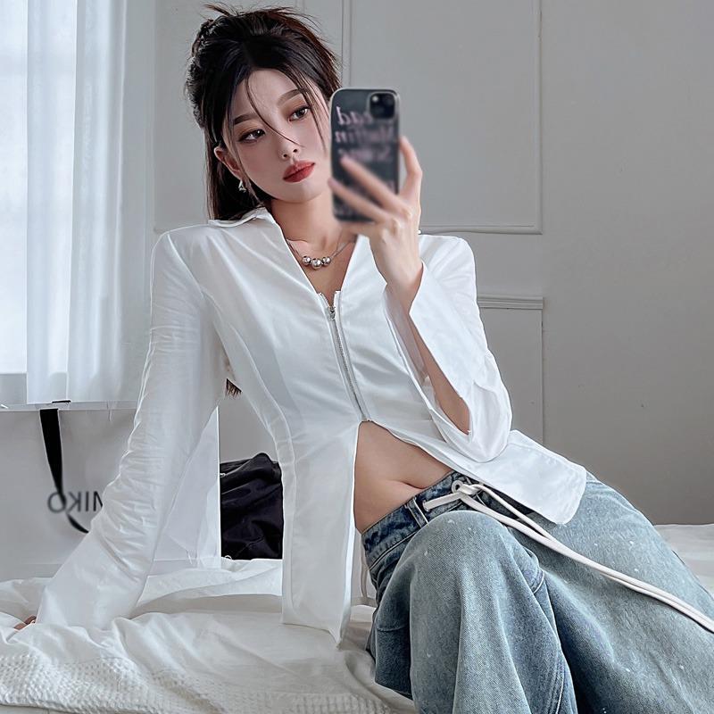 Women Shirts Slim Fit Temperament Slit Sleeves Long Sleeves Lapel