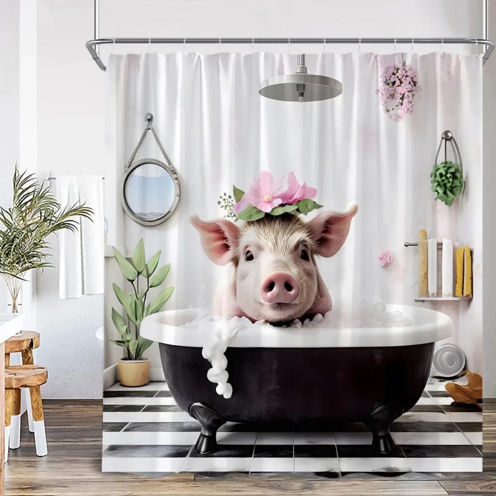 Roliga badande djur Duschdraperier Get Höglandsko Elefant Hund Gris Badrumsdekorationer Bad Djur Badkarsdraperi