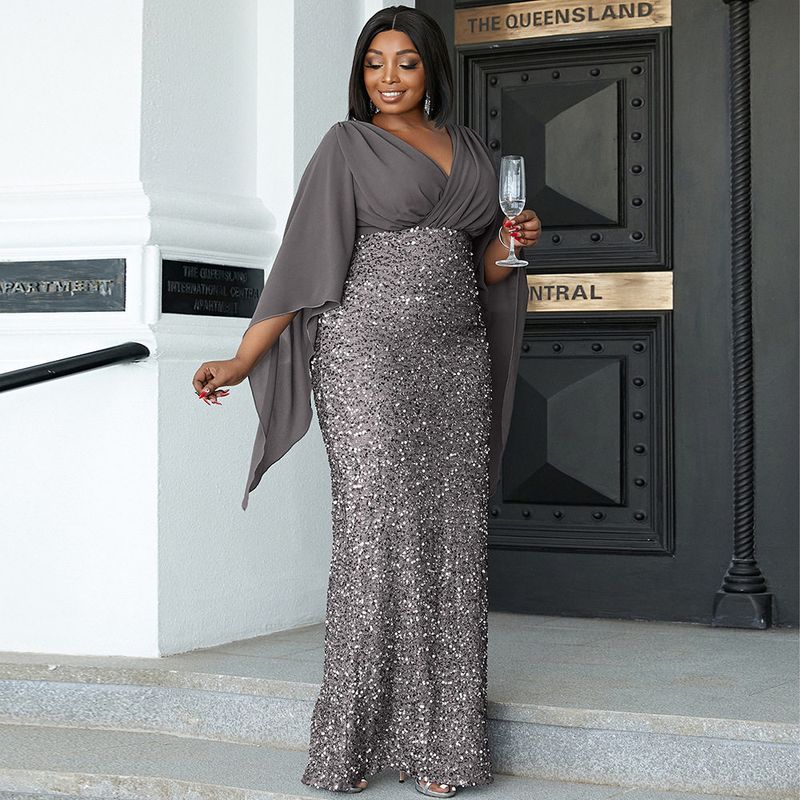 Cross-Border Fashion Plus Size Temperament Sexy Long Sequin V Neck Long Sleeves Banquet Evening Dress Bridesmaid Dress Dress Women