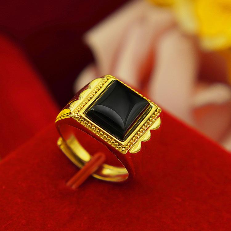 Men's Gold-Plated Brass Ring with Obsidian Sand and Agate