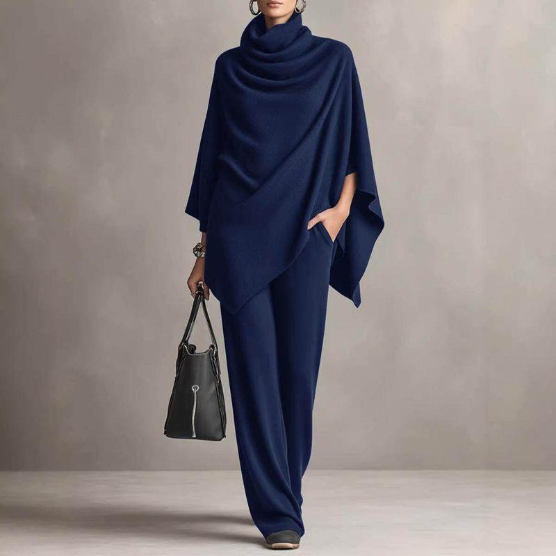 

European and American Cross-Border Foreign Trade Women s Clothing Autumn and Winter German Velvet Turtleneck Cape Top and Wide-Leg Pants Two-Piece Set Black [Ready Stock] 2XL
