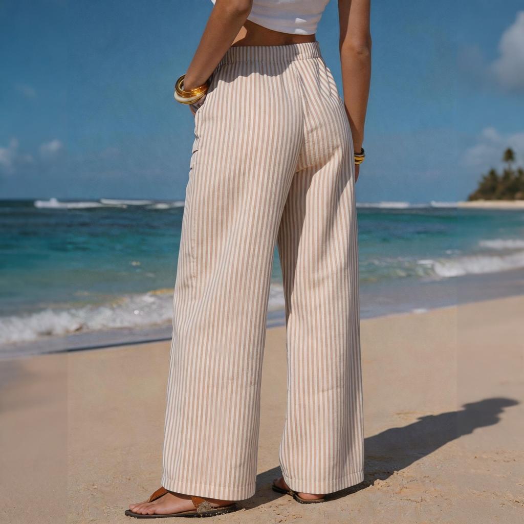 Women's Casual Wide Leg Pants Striped Drawstring Waistband with Pockets Lightweight Comfortable Loose Fit Trousers for Daily Wear