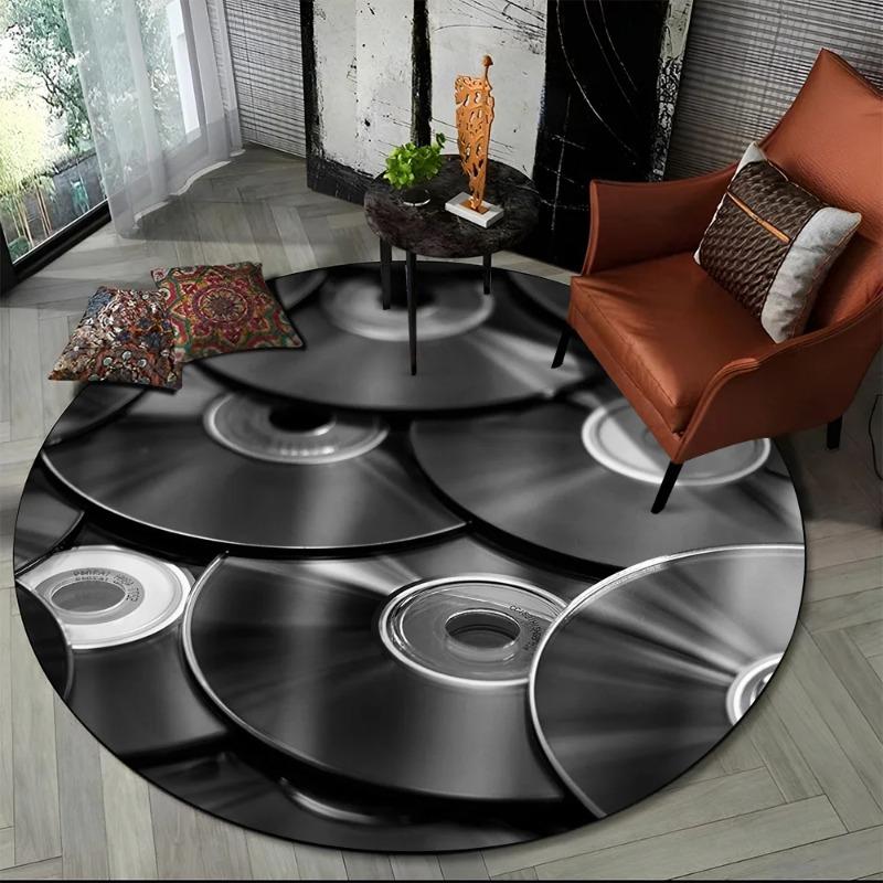3D Schallplatte Musik DJ Band HD Runder Teppich Teppich Mode Teppich für Wohnzimmer Schlafzimmer Sofa Spielzimmer Dekoration Rutschfeste Fußmatte