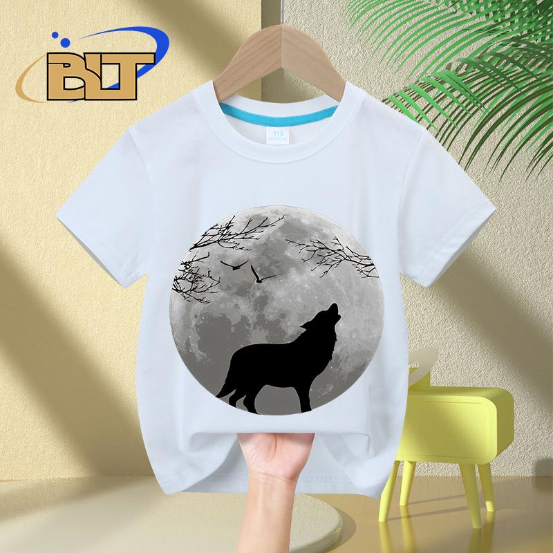 Howling Wolf printed kids Tshirt summer childrens pure cotton shortsleeved casual tops boys and girls gifts