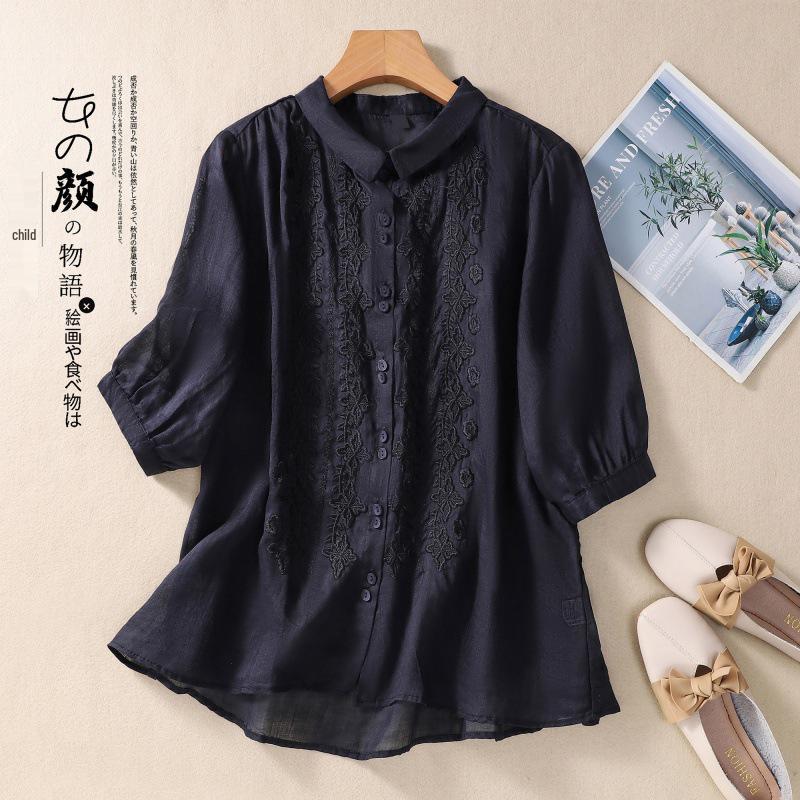 2025 Summer Women's Seven-Sleeve Cotton Linen Shirt with Floral Embroidery and Retro Turn-Down Collar