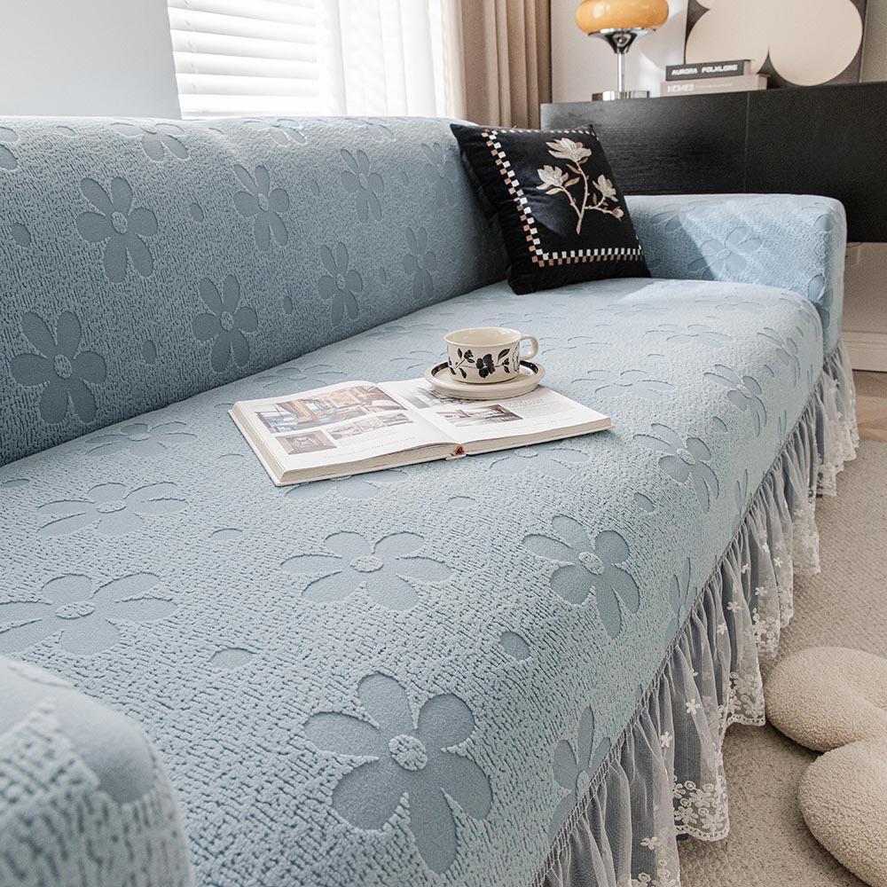 Flower Cream Style Skirted Sofa Cover  A New All Season Universal Straight Lined Full Cover Sofa Protection Cover