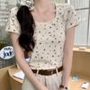 All-match Square Collar Front Shoulder Floral Short-sleeved Shirt Lace Slim Summer Slim Base Short Top