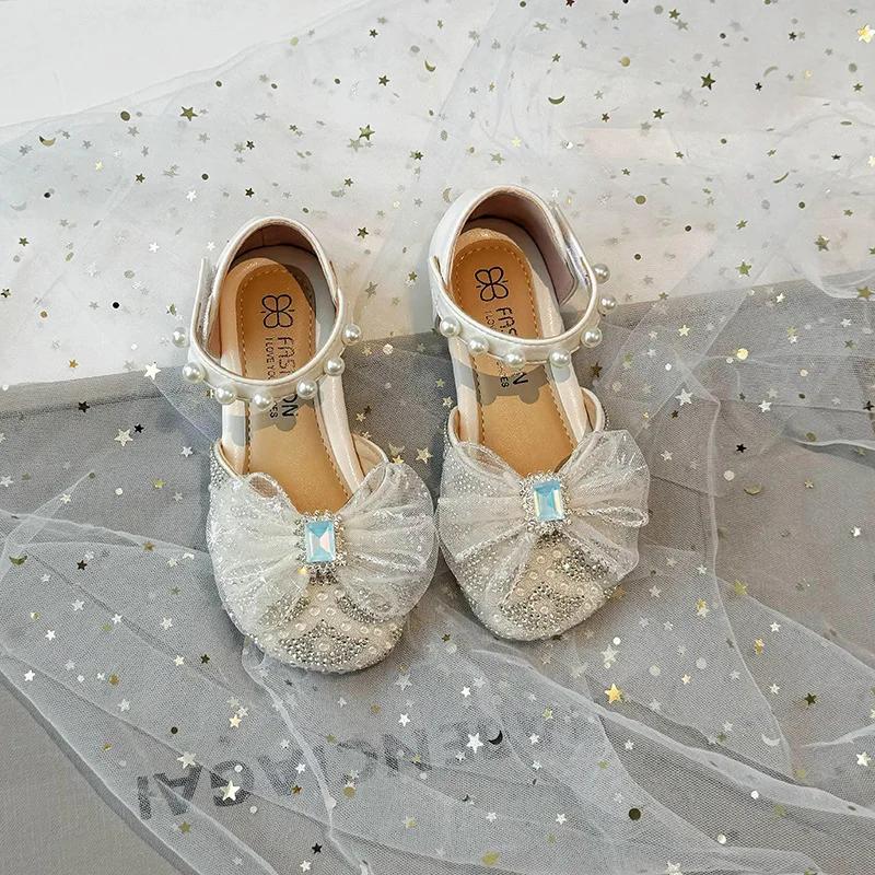 Girls' Sweet Crystal Princess Shoes for Party Wedding Show 2024 Summer New Pearl Mesh Bow Performance Shoes Elegant Temperament
