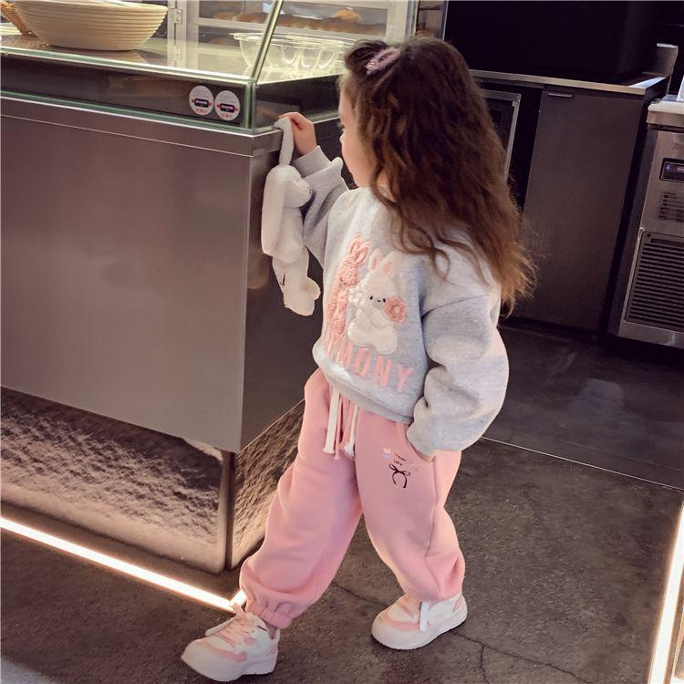 Girls' Fleece-Lined Cartoon Rabbit Sweatshirt Pullover