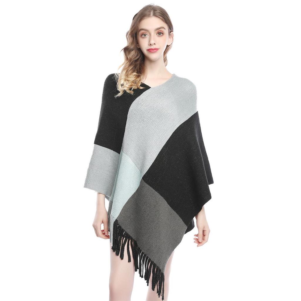 2022 Autumn/Winter Women's V-Neck Rainbow Tassel Cape Sweater