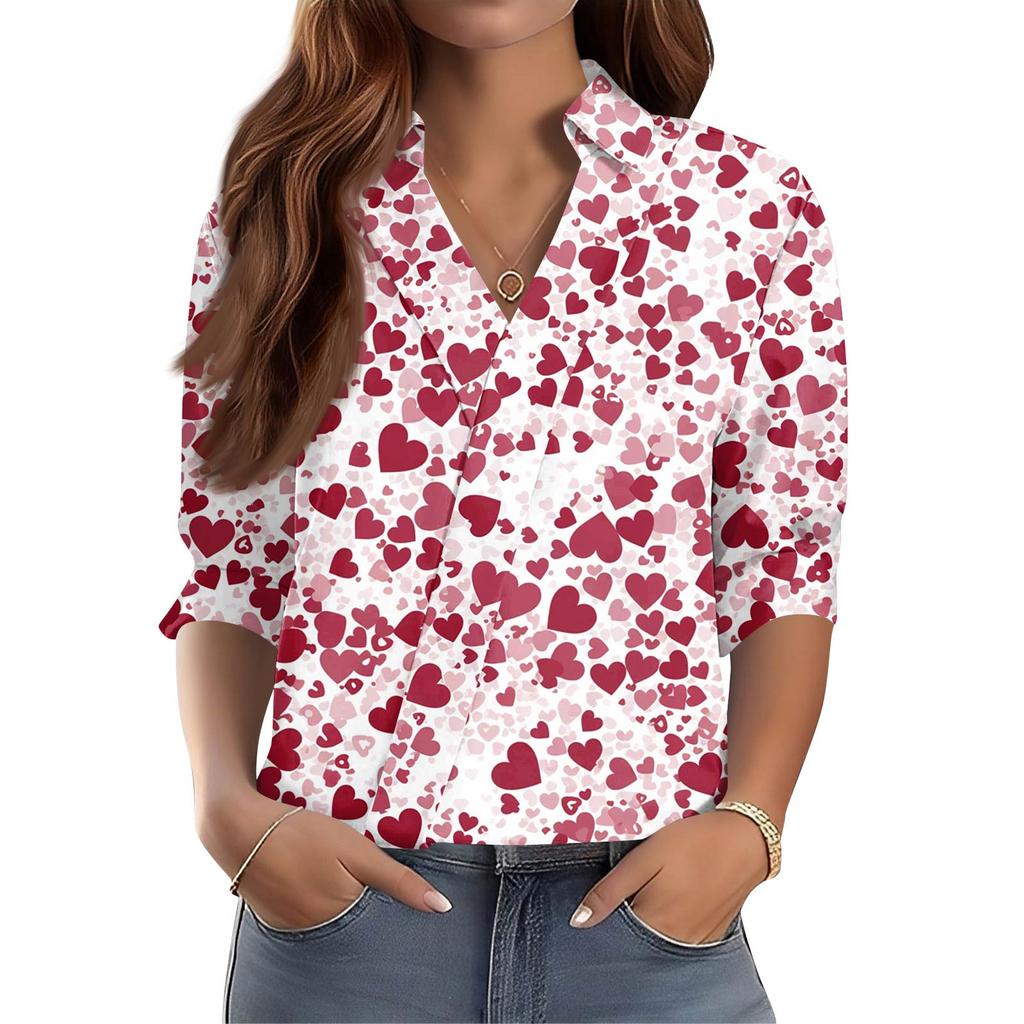 Damen 3/4-Ärmel V-Ausschnitt Hemd Bedruckte Arbeitskleidung Lässig Regulär Hemdkragen Oberteil