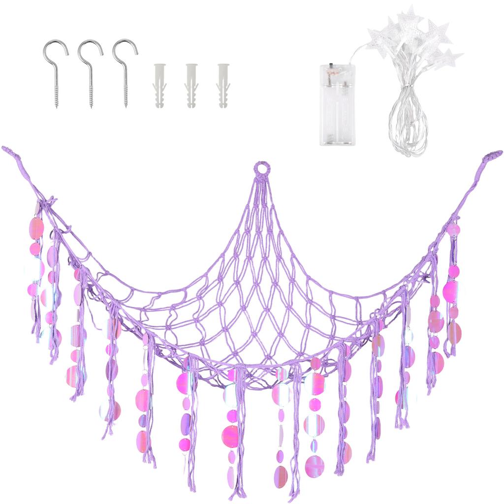 Stuffed Animal Hammock with LED Lights Wall Corner Hanging Plush Toy Storage Net Woven Cotton Rope Kids Nursery Decor