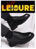 Men's Black Leather Derby Shoes, Casual Spring Style with Thick Soles, Low-Top Formal Wedding Martin Boots.