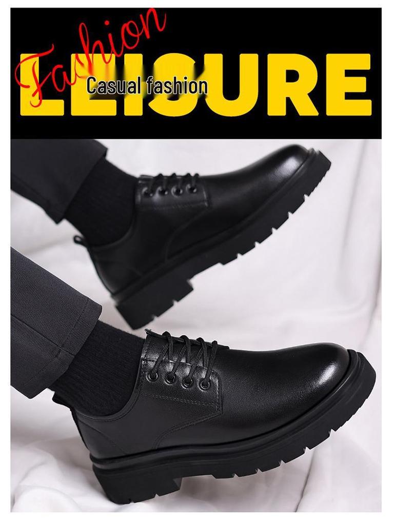 Men's Black Leather Derby Shoes, Casual Spring Style with Thick Soles, Low-Top Formal Wedding Martin Boots.